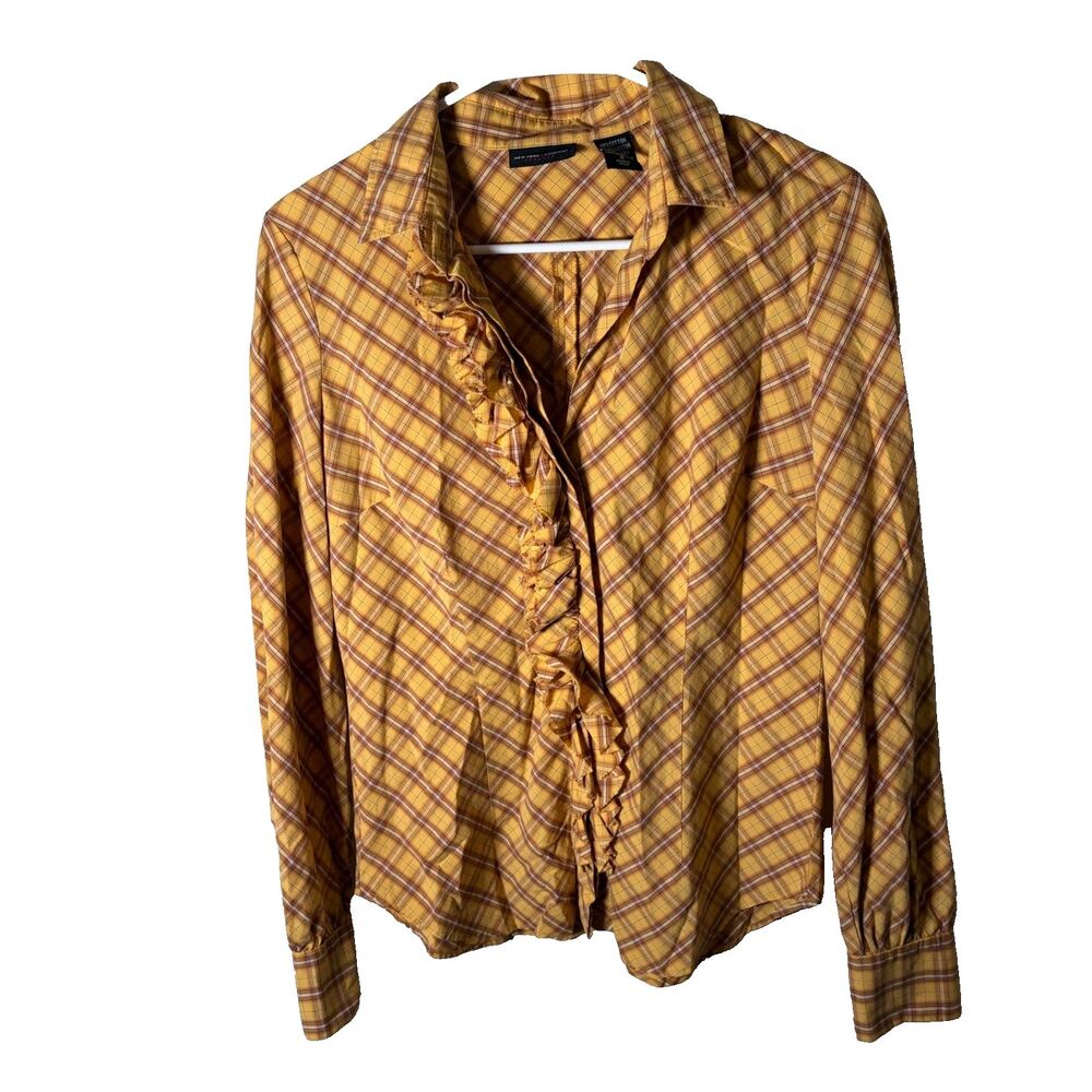 New York & Company Shirt Women's Small Yellow Ruffle Long Sleeve Casual Top